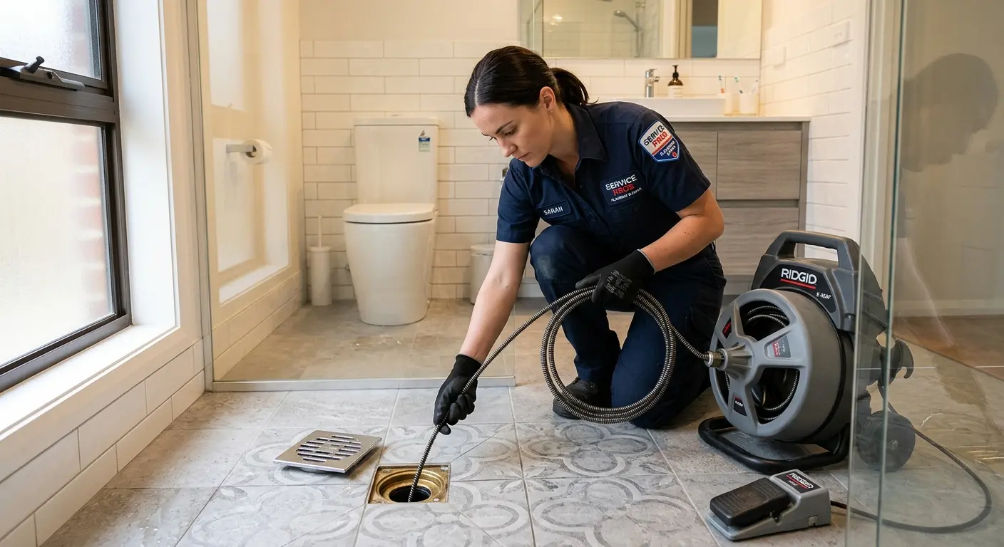 Technician clearing a bathroom floor drain for Drain Cleaning in Jackson